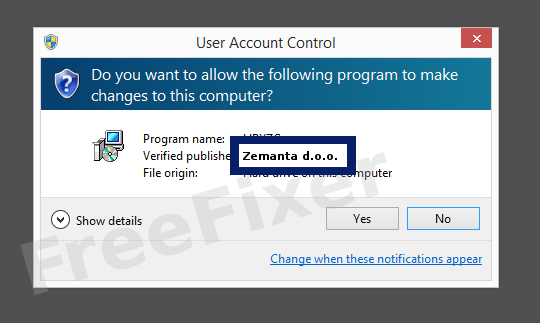 Screenshot where Zemanta d.o.o. appears as the verified publisher in the UAC dialog